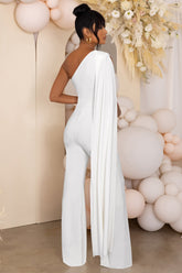 White Maternity One Shoulder Cape Jumpsuit